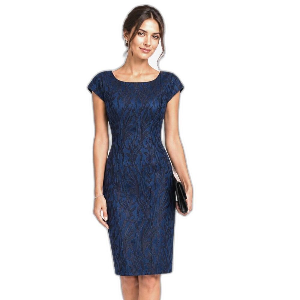 J.Crew Blue Black Metallic Jacquard Sheath Dress 6 Cap Sleeve
